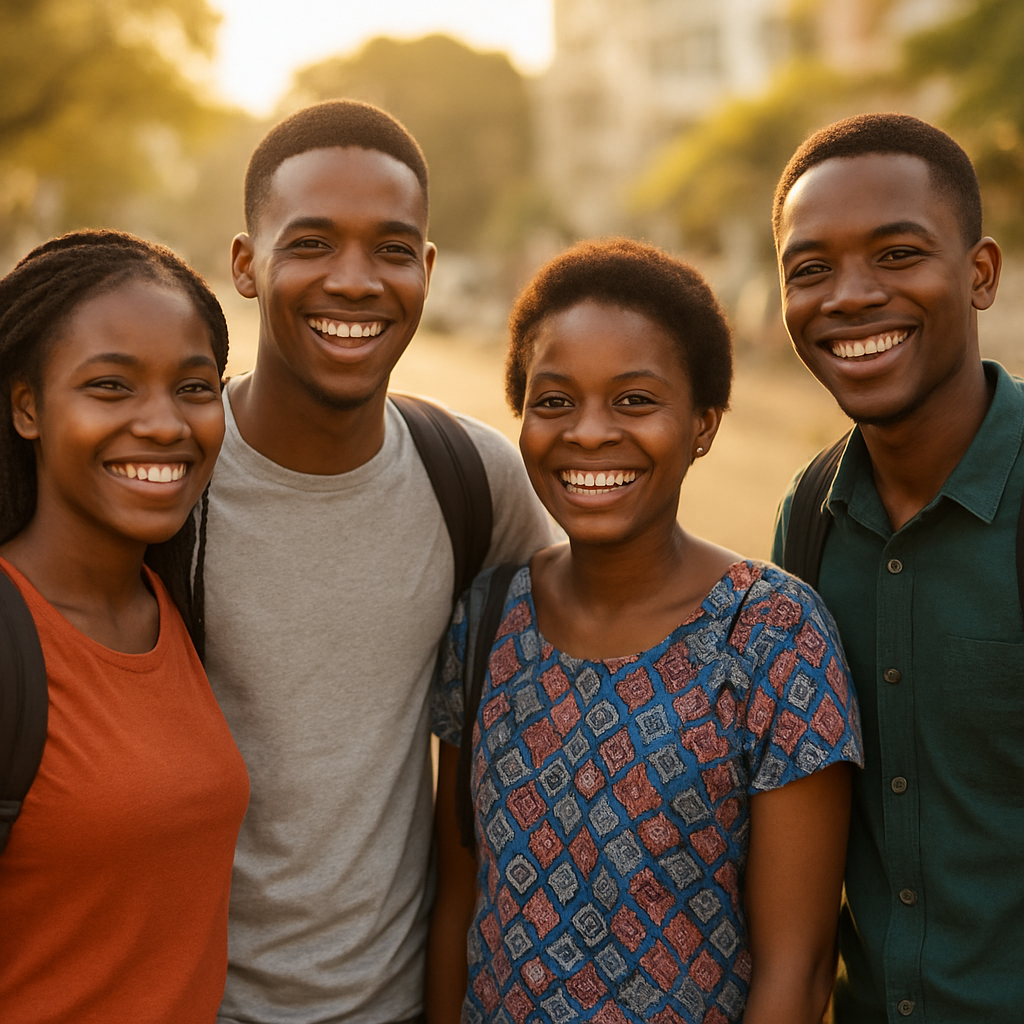 Young Tanzanian university students smiling together outdoors